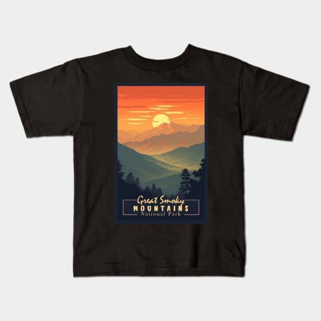 Great Smoky Mountains national park vintage travel poster Kids T-Shirt by GreenMary Design